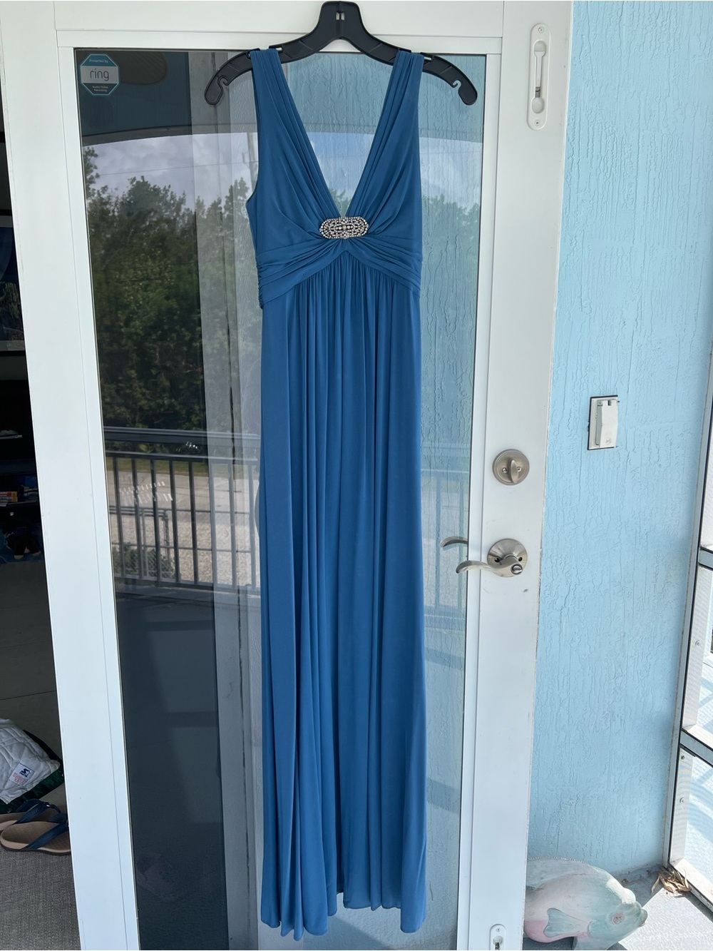 BCBGMaxAzria Slate Blue Sleeveless Evening Gown with Rhinestone Brooch